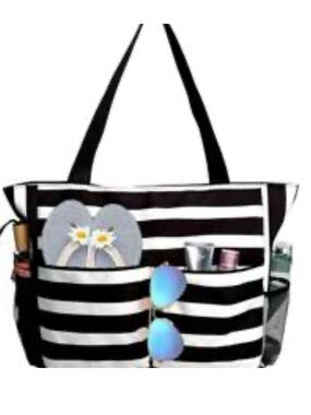 Striped Black and White Canvas Tote Bag with Front Pockets Weekend Bag